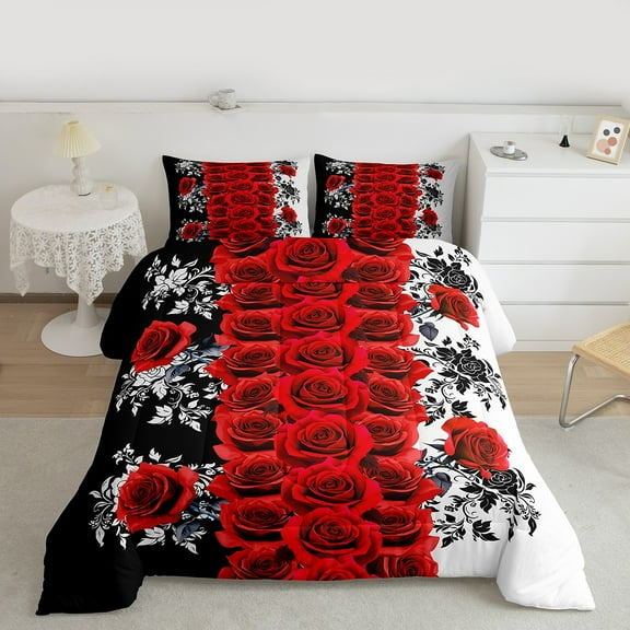 Manfei Rustic Flower Full Size Comforter Sets,Romantic Rose Bedding Comforter Set,Red White Black Bedding Sets For Adults,Ultra Soft Home Decor,3pcs