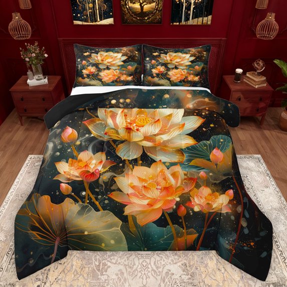 Manfei Rustic Flower Lotus Queen Comforter Set,Countryside Lake Plant Bedding Sets,Country Floral Bedding Comforter Set For Girls,Breathable Home Decor Reversible,3 Pieces