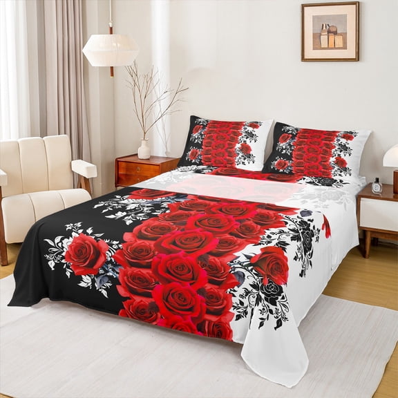 Manfei Rustic Flower Queen Sheet Sets,Romantic Rose Flat Sheet,Red White Black Queen Fitted Sheet For Adults,Ultra Soft Home Decor,4-Piece