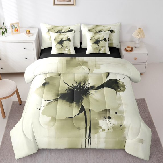 Manfei Rustic Flower Twin Bedding Sets 7-Piece,Vintage Floral Bedding Comforter Set,Beige Splatter Ink Sheet Sets,Luxury Bedroom Decor,Reversible