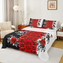 Manfei Rustic Flower Twin Sheet Sets,Romantic Rose Twin Fitted Sheet,Red White Black Flat Sheet For Adults,Ultra Soft Home Decor,3 Pieces