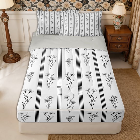 Manfei Rustic Flower Zipper Queen Comforter Set with Fitted Sheet and 2 Pillowcases,Spring Garden Zipper Bedding Set,Reversible