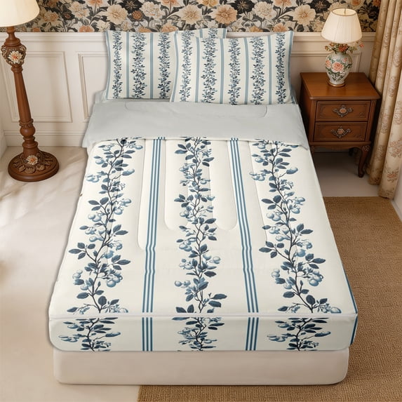 Manfei Rustic Flower Zipper Twin Comforter Sets with Fitted Sheet and 2 Pillowcases,Spring Garden Zipper Bedding Set,Reversible