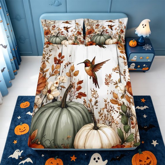 Manfei Rustic Flowers Hummingbird Fitted Sheet Full,Watercolor Fall Pumpkin Bed Set,3 Pieces,1 Fitted Sheet and 2 Pillowcases