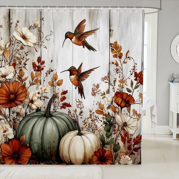 Manfei Rustic Flowers Hummingbird Shower Curtain 72Wx78L,Watercolor Fall Pumpkin Bath Curtain