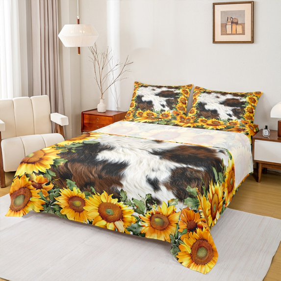 Manfei Rustic Flowers Sunflower Twin Sheet Sets,Farmhouse Cowhide Twin Fitted Sheet,Orange Brown White Flat Sheet For Boys Kids,Breathable Home Decor,3-Piece
