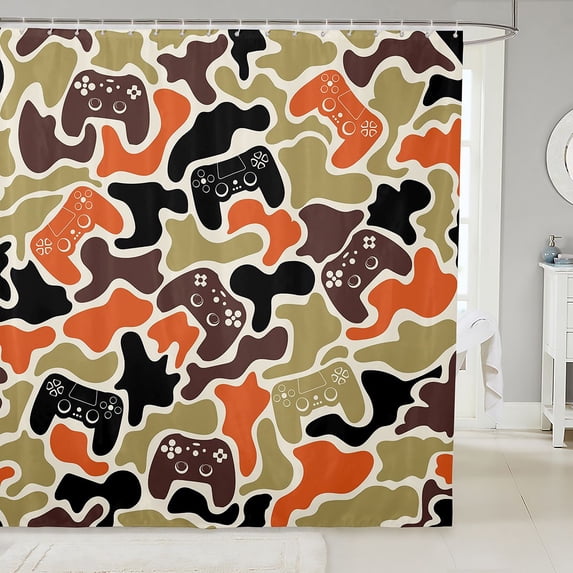 Manfei Rustic Gamer Camo Shower Curtain 72Wx84L, Game Controller Bathroom Shower Curtain, Green Orange