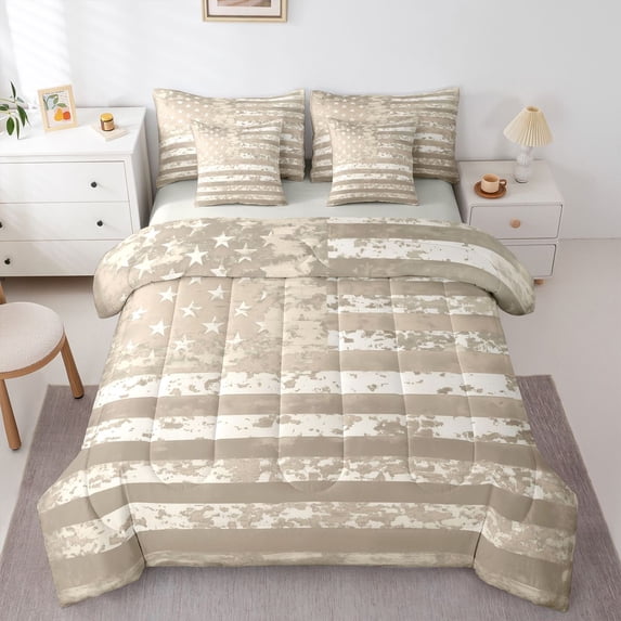 Manfei Rustic Geometric Stripes 7pcs Queen Bedding,Patriotic Usa Flag Bedding Comforter Set Queen,Beige,Light Gray Reversible