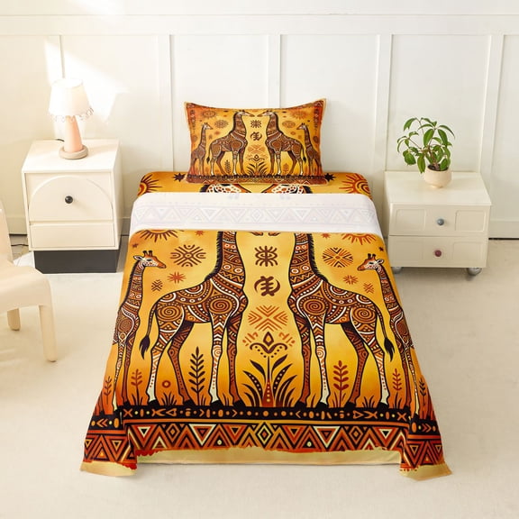 Manfei Rustic Giraffe Twin Sheets,Vintage Wildlife Bedding,Orange Brown,3pcs,1 Fitted Sheet and 1 Pillowcase