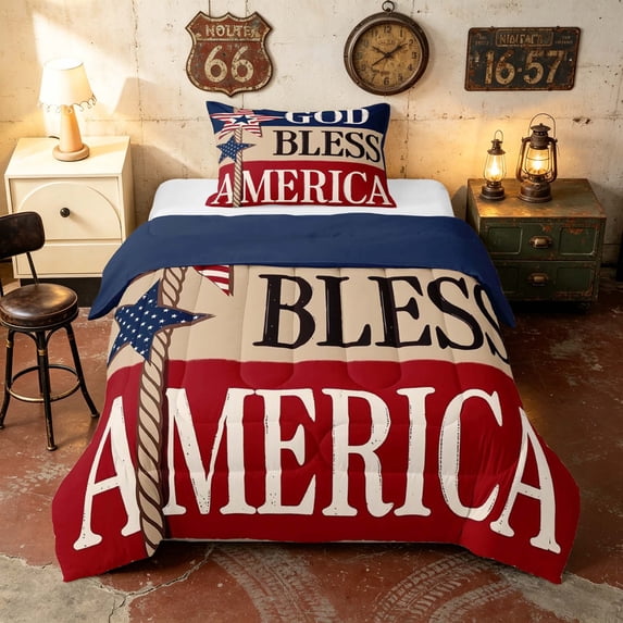 Manfei Rustic God Bless America Print Twin Comforter Sets, 4th of July Bedding Set, Multicolor, Navy Reversible 2pcs, 1 Comforter and 1 Pillowcase
