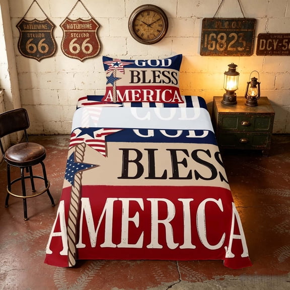 Manfei Rustic God Bless America Print Twin Sheets, 4th of July Bedding, Multicolor, Navy Reversible 3pcs (1 Flat Sheet, 1 Fitted Sheet and 1 Pillowcase)