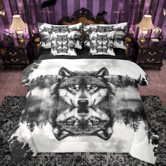 Manfei Rustic Grey Wolf Bedding Comforter Set 7 Pieces, Jungle Pine Tree Full Bedding Set, Western Lake House Reversible Fitted Sheet Flat Sheet, Microfiber Bedroom Decor