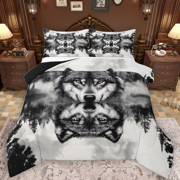 Manfei Rustic Grey Wolf Bedding Comforter Set, Jungle Pine Tree Twin Comforter Sets, Western Lake House Reversible Bedding Set, Microfiber Bedroom Decor, 2 Pieces