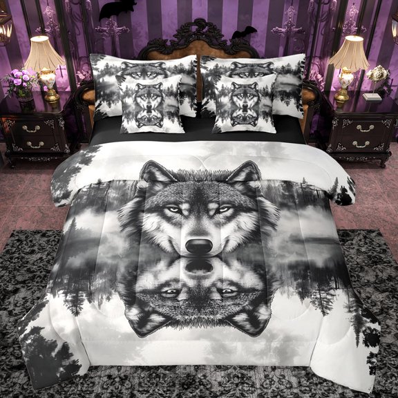 Manfei Rustic Grey Wolf Twin Bedding Sets 7-Piece, Jungle Pine Tree Bedding Comforter Set, Western Lake House Reversible Sheet Sets, Microfiber Bedroom Decor