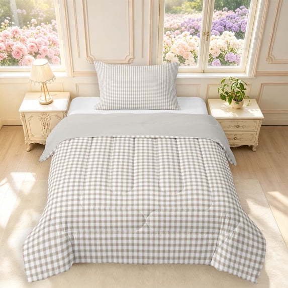 Manfei Rustic Grid Twin Comforter Sets,Modern Check Bedding Set,Cream White,Light Gray Reversible,2-Piece,1 Comforter and 1 Pillowcase,2-Piece,1 Comforter and 1 Pillowcase