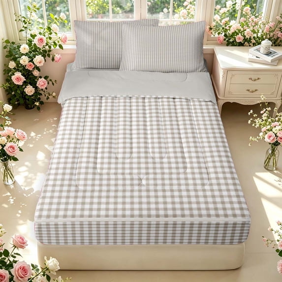 Manfei Rustic Grid Zipper Twin Comforter Sets with Fitted Sheet and 2 Pillowcases,Modern Check Zipper Bedding Set,Cream White,Light Gray Reversible,4pcs