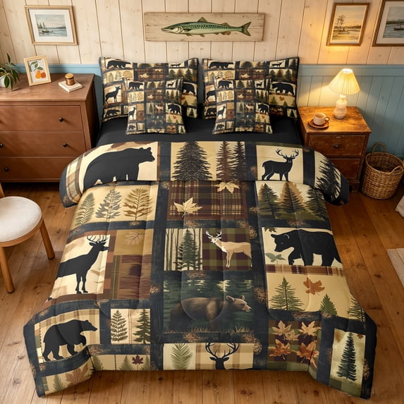 Manfei Rustic Grizzly Bear Full Size Bedding Sets, Countryside Animal Full Size Bed in a Bag, Dark Brown, Black Reversible, 7 Pieces