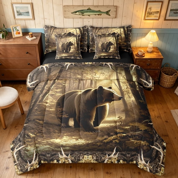 Manfei Rustic Grizzly Bear Full Size Bedding Sets, Tribal Branches Full Size Bed in a Bag, Dark Brown, Black Reversible, 7 Pieces