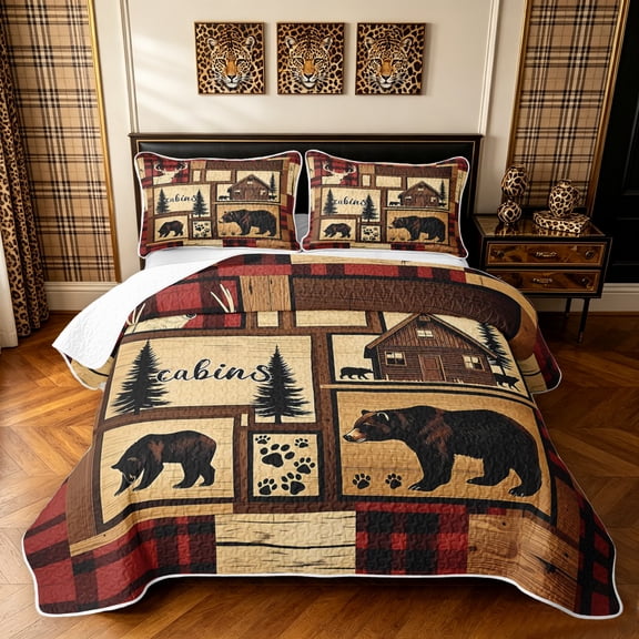 Manfei Rustic Grizzly Bear Quilt King, Countryside Cabin King Coverlet Set, Dark Brown Red, Black Reversible, 3pcs, 1 Bedspread and 2 Pillowcases