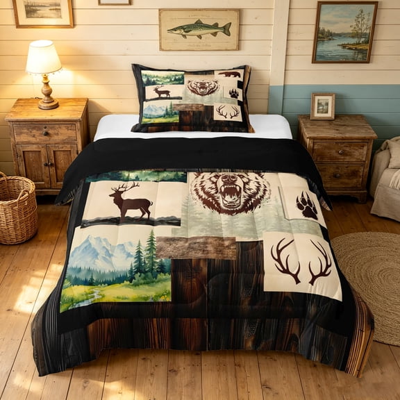 Manfei Rustic Grizzly Bear Twin Comforter Sets, Vintage Lodge Cabin Bedding Set, Dark Brown Peach, Black Reversible, 2-Piece, 1 Comforter and 1 Pillowcase