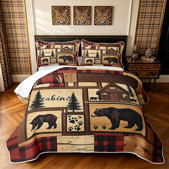 Manfei Rustic Grizzly Bear Twin Quilt Set, Countryside Cabin Twin Coverlet Set, Dark Brown Red, Black Reversible, 2pcs, 1 Bedspread and 1 Pillowcase
