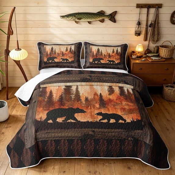 Manfei Rustic Grizzly Bear Twin Quilt Set, Countryside Pine Tree Twin Coverlet Set, Dark Brown Orange, Black Reversible, 2pcs, 1 Bedspread and 1 Pillowcase