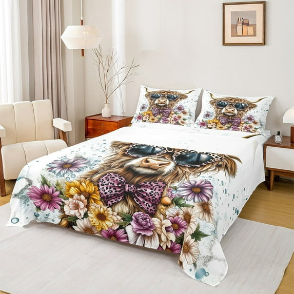 Manfei Rustic Highland Bull Bed Sheets for Kids, Spring Garden Flower King Sheets, Leopard Print Bow Knot Sheet Set, Ultra Soft Home Decor 4pcs