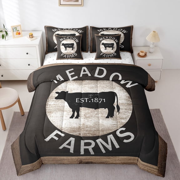 Manfei Rustic Highland Bull Bedding Comforter Set 7-Piece, Farm Animal King Bedding Sets, Black Brown Lodge Cabin Reversible Bed Sheets, Luxury Bedroom Decor