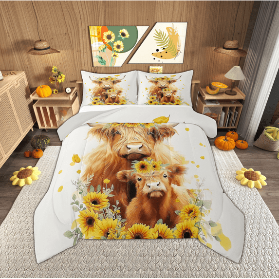 Manfei Rustic Highland Bull Full Size Comforter Sets for Kids, Vibrant Sunflower Bedding Comforter Set, Farmhouse Animal Reversible Bedding Sets, Ultra Soft Home Decor, 3pcs