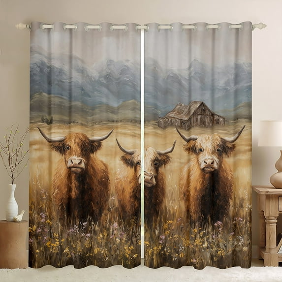 Manfei Rustic Highland Cattle Black Out Curtains,Country Farmhouse Lodge Curtains Pack of 2 (42x63 Each),Old Barn Door Bedroom Curtains For Boys,Super Cozy Room Decor