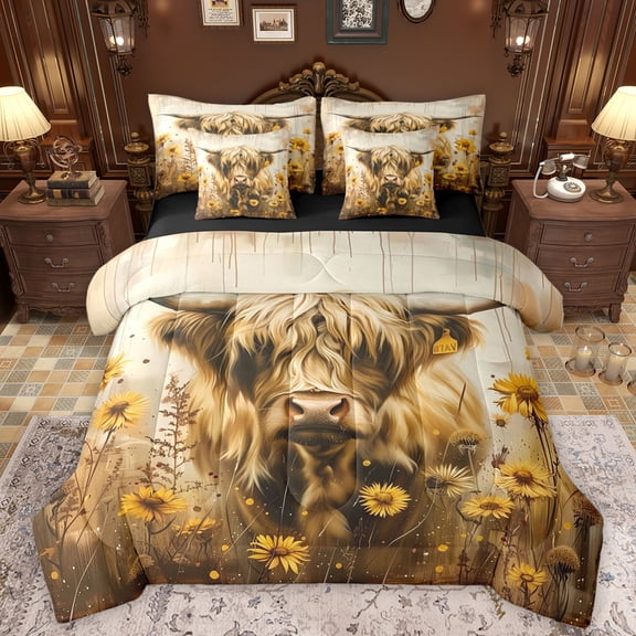 Manfei Rustic Highland Cow 7-Piece Bedding Comforter Set,Country Floral Sunflower King Bedding Sets,Farm Animal Bed Sheets For Girls Boys,Luxury Bedroom Decor Reversible