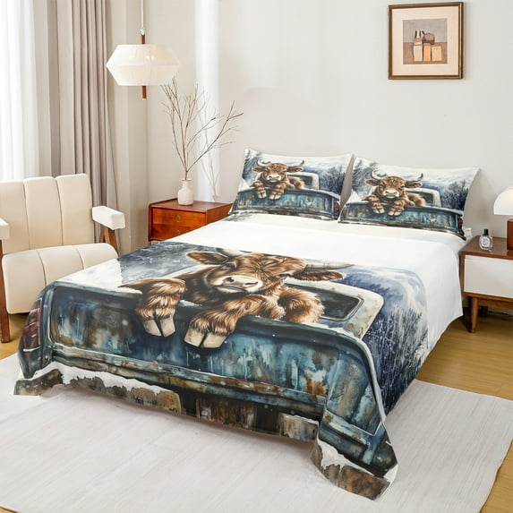Manfei Rustic Highland Cow Full Size Sheets,Farm Animal Cattle Bed Sheets,Country Farmhouse Lodge Sheet Sets For Girl Boys,Ultra Soft Home Decor,4pcs