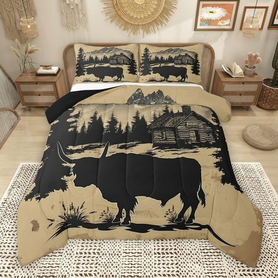 Manfei Rustic Highland Cow Queen Comforter Set, Retro Country Animal Bedding Sets, Farmhouse Cabin Wildlife Reversible Bedding Comforter Set, Microfiber Bedroom Decor, 3 Pieces