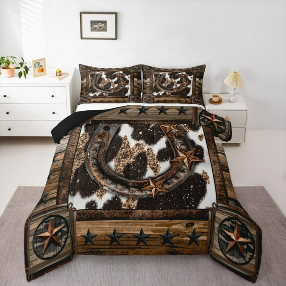 Manfei Rustic Horse Shose Bedding Sets King with Comforter, Texas Stars Comforter Sets King Size, Farmhouse Cow Print Reversible Down Comforter, Breathable Bedroom Decoration, 3pcs