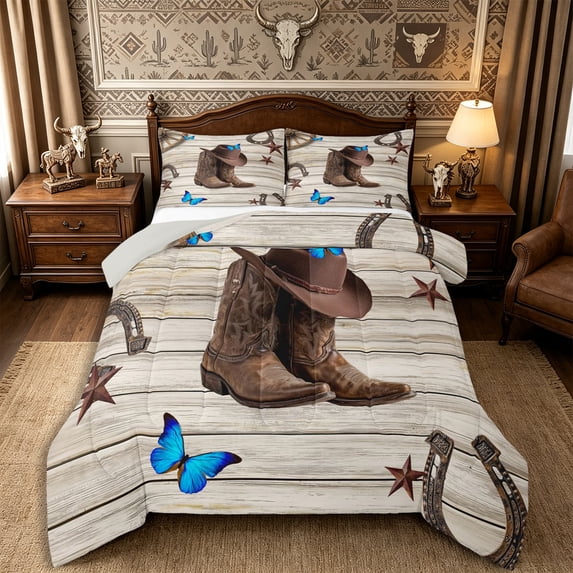 Manfei Rustic Horseshoe Texas Stars Full Size Comforter Sets 3-Piece,Southwestern Cowboy Boots Hat Bedding Comforter Set,Blue Brown,1 Comforter and 2 Pillowcases,Reversible