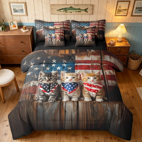 Manfei Rustic Kitten Twin Bedding, Patriotic US Flag Bedding Comforter Set, Brown, Black Reversible, 7-Piece