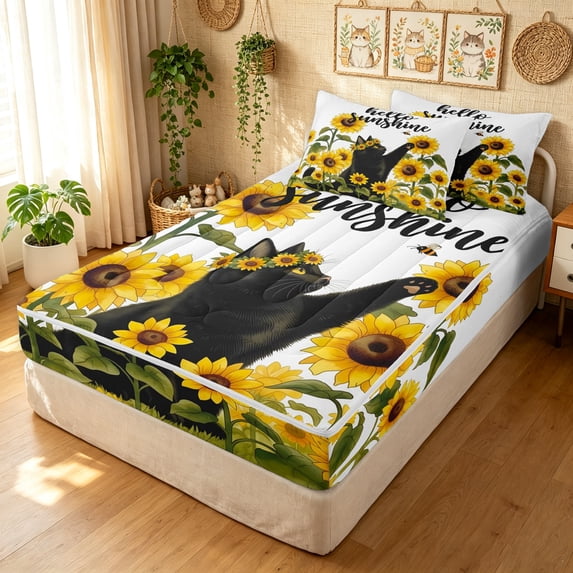 Manfei Rustic Kitten Zipper Full Size Comforter Sets with Fitted Sheet and 2 Pillowcases, Kawaii Farmhouse Sunflower Zipper Bedding Set, Black, Polkadot Reversible, 4-Piece