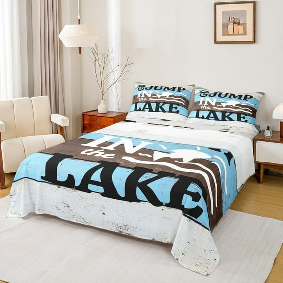 Manfei Rustic Lake Full Size Sheets,Happy Camping Bed Sheets,Old Barn Door Sheet Sets For Child,Super Cozy Room Decor,4 Pieces