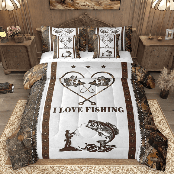 Manfei Rustic Lake House Bedding Comforter Set 7pcs, Fishing Theme King Bedding Sets, Pike Fish Hooks Branches Bed Sheets, Lightweight Room Decor