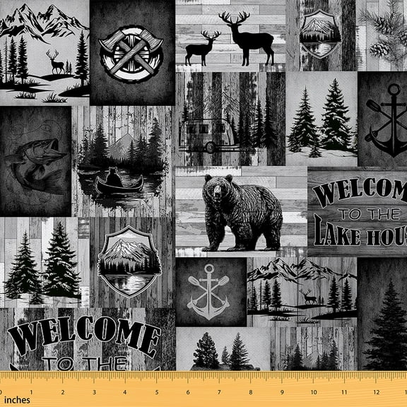 Manfei Rustic Lake House Sewing & Crafting Fabric (1 Yard), Hunting Bear Deer Home Decor Fabric by the Yard, Black Gray Farmhouse DIY Fabric
