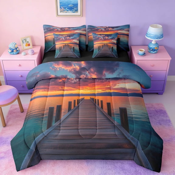 Manfei Rustic Lake Sunset Fire Cloud Twin Bedding Sets for Kids Boys and Girls, Lake House Bedding Comforter Set, Black Reversible 7 Pieces