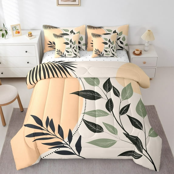 Manfei Rustic Leaves 7-Piece Twin Bedding Sets,Modern Aesthetic Deagin Bedding Comforter Set,Beige Green Orange Sheet Sets For Girls,Super Cozy Room Decor Reversible