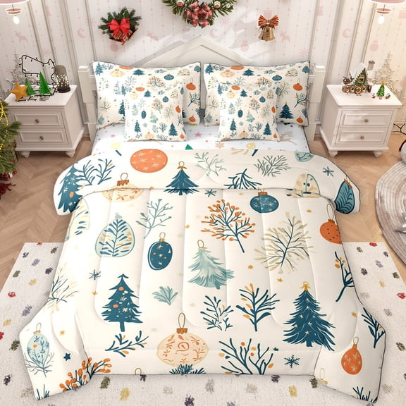 Manfei Rustic Leaves 7-Piece Twin Bedding Sets,Xmas Tree Bedding Comforter Set,Green Beige Sheet Sets For Girl,Luxury Bedroom Decor Reversible
