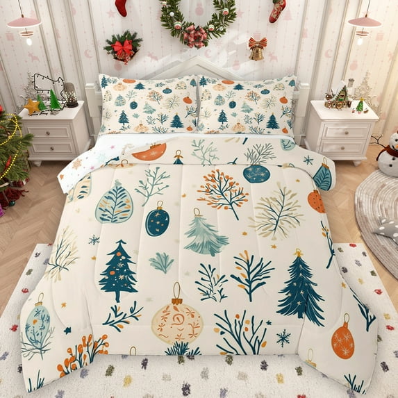 Manfei Rustic Leaves Full Size Comforter Sets,Xmas Tree Bedding Comforter Set,Green Beige Bedding Sets For Girl,Luxury Bedroom Decor Reversible,3 Pieces