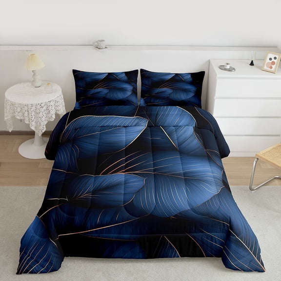 Manfei Rustic Leaves Queen Comforter Set,Modern Aesthetic Deagin Bedding Sets,Deepblue Gold Bedding Comforter Set For Girls,Super Cozy Room Decor Reversible,3 Pieces