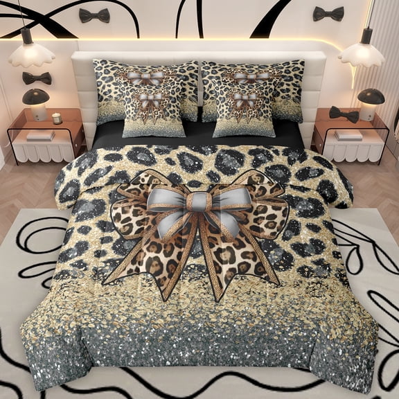 Manfei Rustic Leopard Hide 7-Piece Bedding Comforter Set,Cheetah Print Bow Tie King Bedding Sets,Wildlife Animal Bed Sheets For Teens,Microfiber Bedroom Decor Reversible