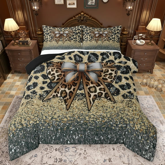 Manfei Rustic Leopard Hide Bedding Comforter Set,Cheetah Print Bow Tie Twin Comforter Sets,Wildlife Animal Bedding Set For Teens,Microfiber Bedroom Decor Reversible,2pcs