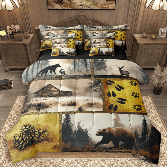 Manfei Rustic Lodge Cabin Bedding Comforter Set 7pcs, Bear Wolf Deer Plaid King Bedding Sets, Vintage Farmhouse Bed Sheets, Luxury Bedroom Decor