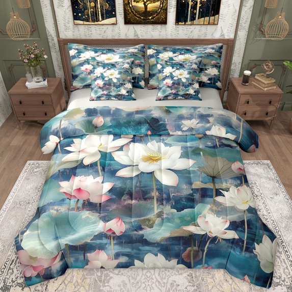 Manfei Rustic Lotus 7-Piece Twin Bedding Sets,Natural Scenery Bedding Comforter Set,Wild Flowers Sheet Sets For Girls Kids,Ultra Soft Home Decor Reversible