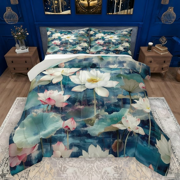 Manfei Rustic Lotus Full Size Comforter Sets,Natural Scenery Bedding Comforter Set,Wild Flowers Bedding Sets For Girls Kids,Ultra Soft Home Decor Reversible,3-Piece